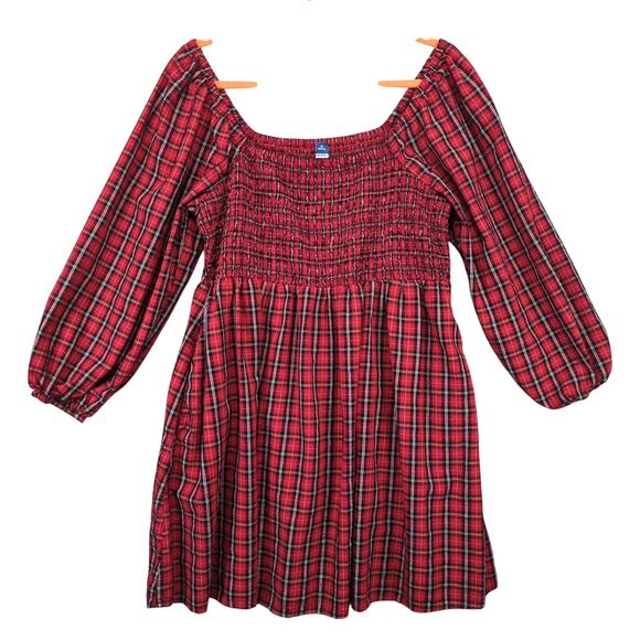 Old Navy Dresses & Skirts - Old Navy Red Tartan Plaid Smocked Mini Dress Size XL Petite Puff Sleeve Peasant
